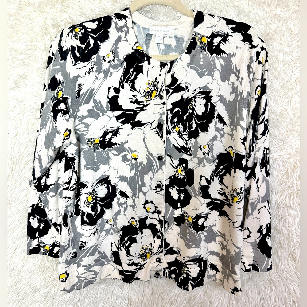 Charter Club Black and White Floral Cardigan